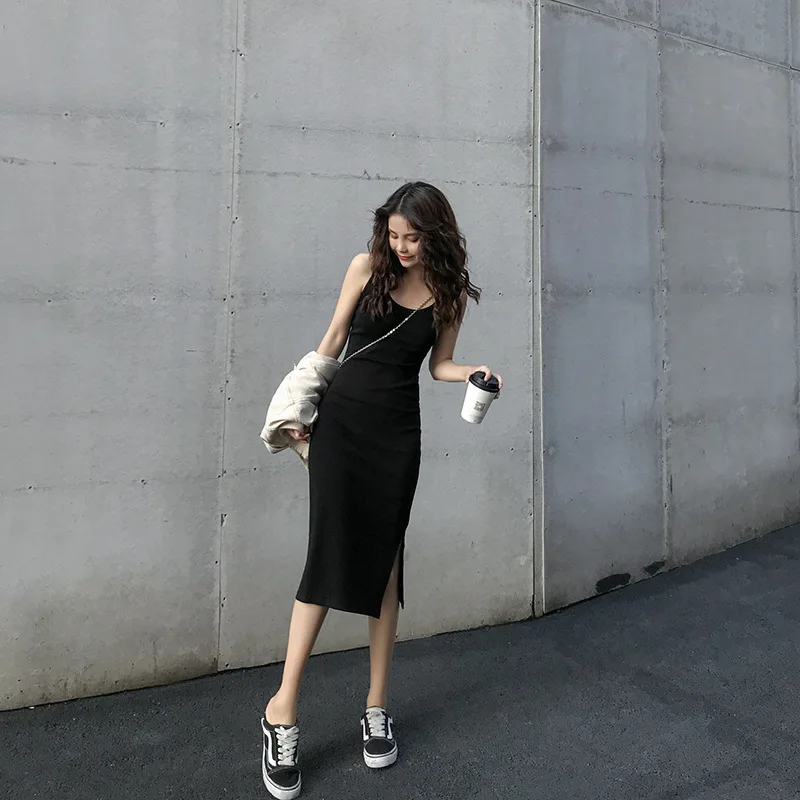 Y2K Mini abito estivo da donna O-collo Moda Abito senza maniche nero con bretelle Nuova gonna inferiore interna dimagrante Donna