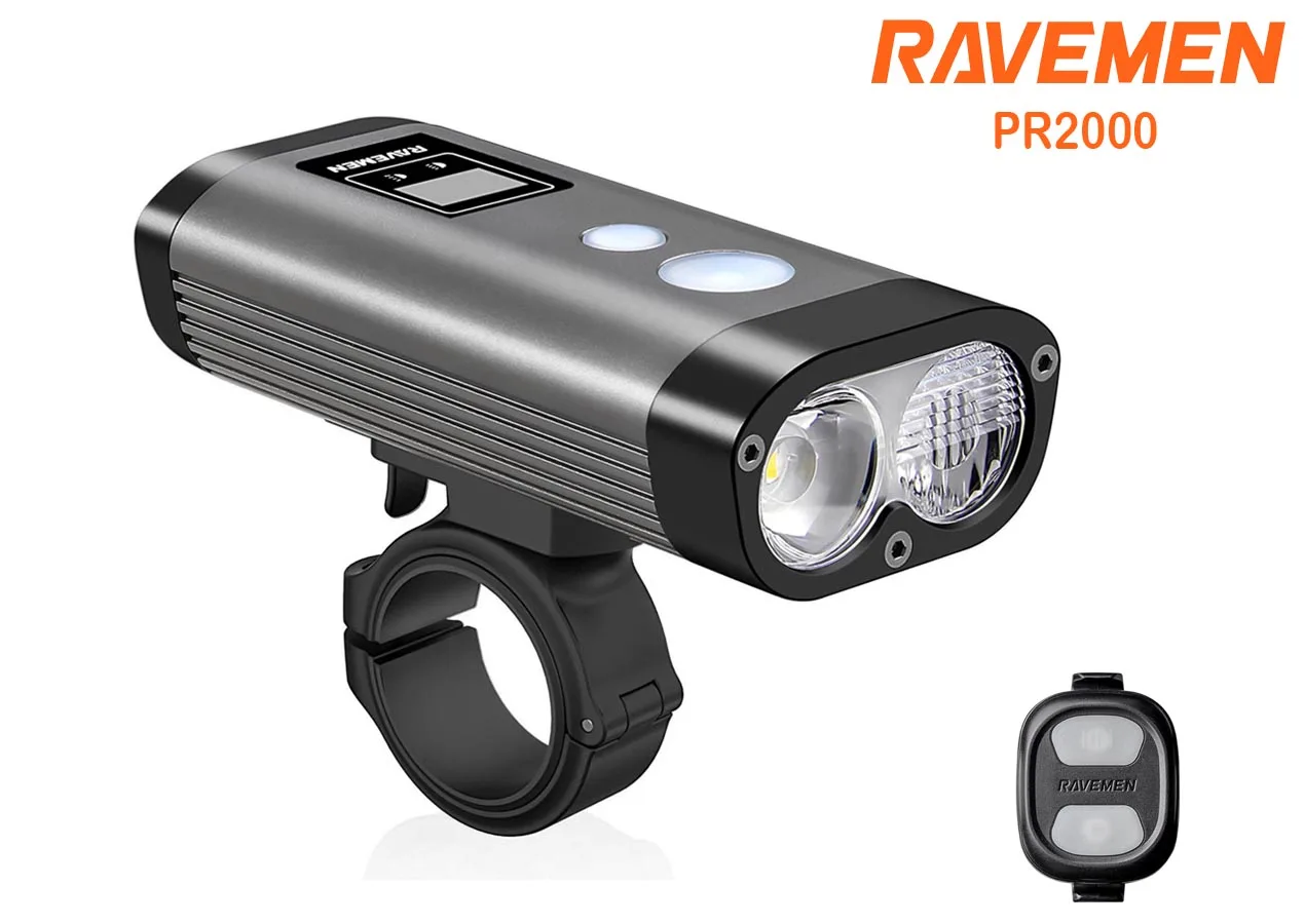 

RAVEMEN PR2000 Bike Light Front Lamp Bicycle OLED Headlight Rechargeable Wireless Remote HiLo beam Anti-glare Mountain Riding