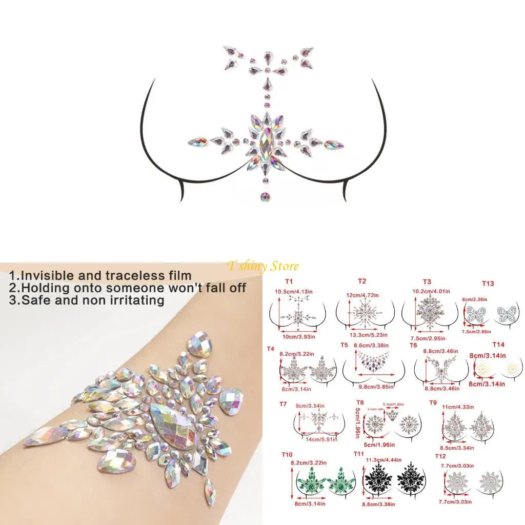 N58f ملصقات الصدر الكريستالي للسيدات من أحجار الراين الحجرية أحجار صدر جسم الثدي لفساتين السهرة وملابس السباحة