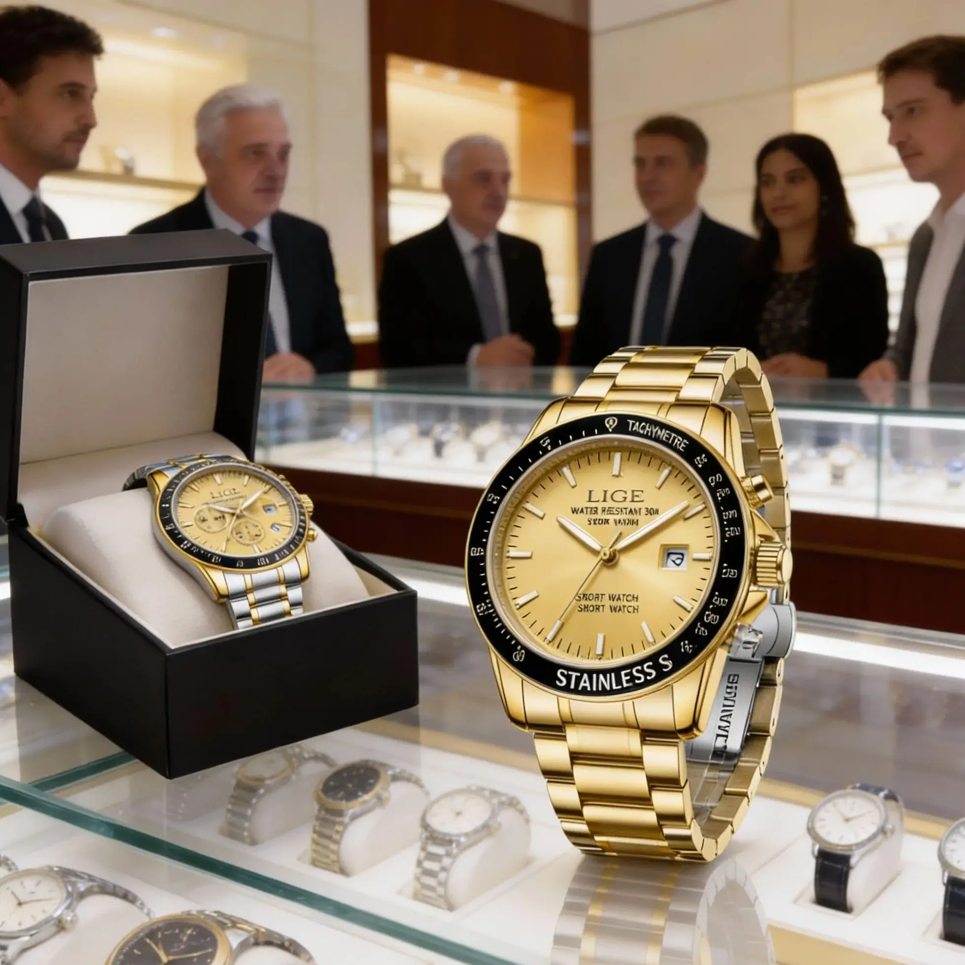 LIGE Luxury Men Watch Luminous Date Waterproof Man Quartz Wristwatch Gold Color Stainless Steel watches Reloj Hombre  +Box