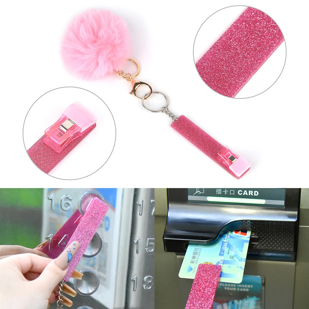 Contactless Card Grabber Clip Acrylic ATM Bank Credit Card Extractor Puller for Long Nails Key Chain Keyring with Puff Ball Gift