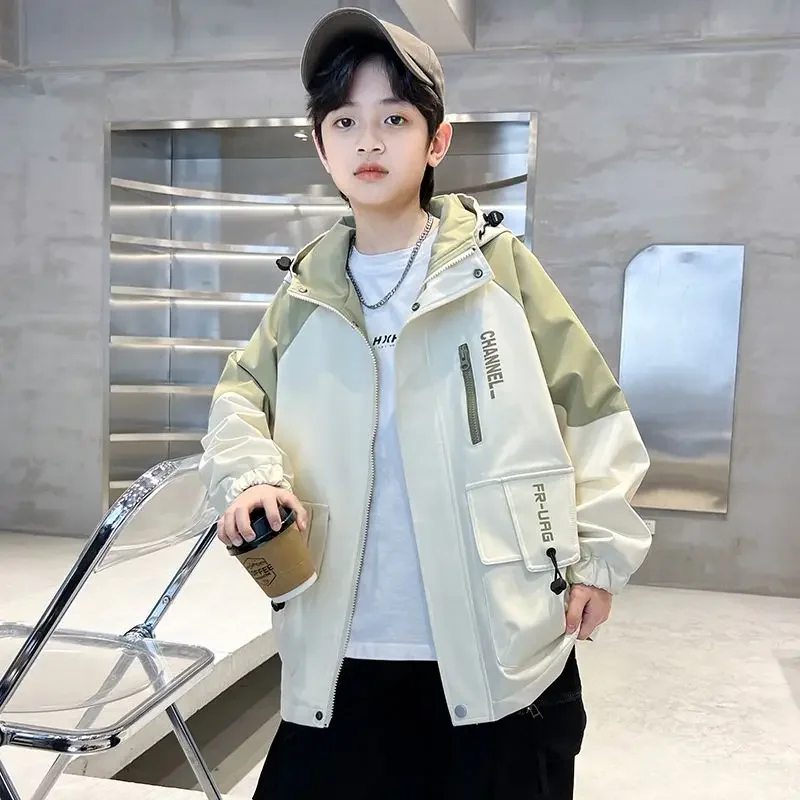 Casaco com capuz e zíper infantil, roupas casuais para adolescentes, jaqueta de bolso infantil grande, primavera e outono, 4 a 14 anos, novidade 2022
