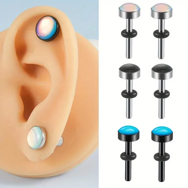 2pc Stainless Steel T-shaped Solid Auricle Color Flash Film Dripping Oil Ear Piercing Jewelry