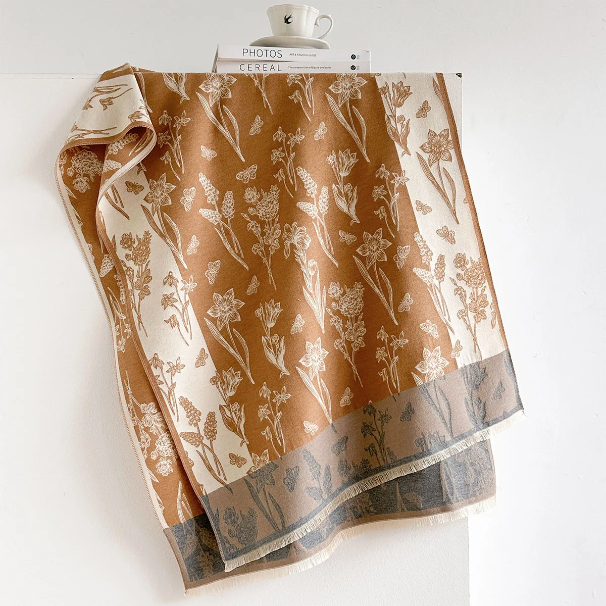 Winter Warm Cashmere Feel Scarf Women Vintage Wild Floral Sketch Print Fringed Shawl Wrap Thick Soft Reversible Design