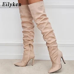 Eilyken Winter Pleated Women Over The Knee Boots Sexy Stiletto High Heel Zipper Shoes Pointed Toe Female Long Booties