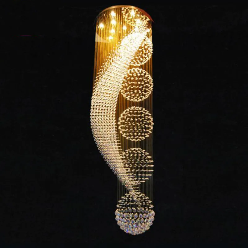Long Stair Crystal Chandelier, Modern LED Lamp, Elegant Design, Hotel Villa, Hall Lighting, Suspension Wire, Manganese