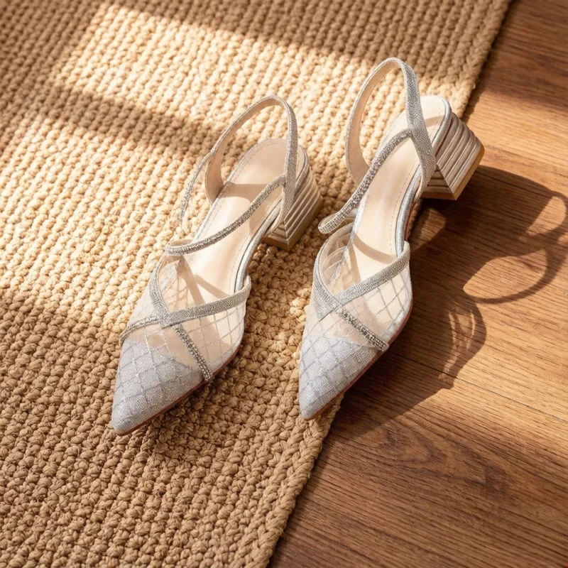 

Женские туфли-лодочки с острым носком на массивном каблуке, с сетчатыми ремешками, элегантные летние туфли, подходят для офиса, свиданий и вечеринок