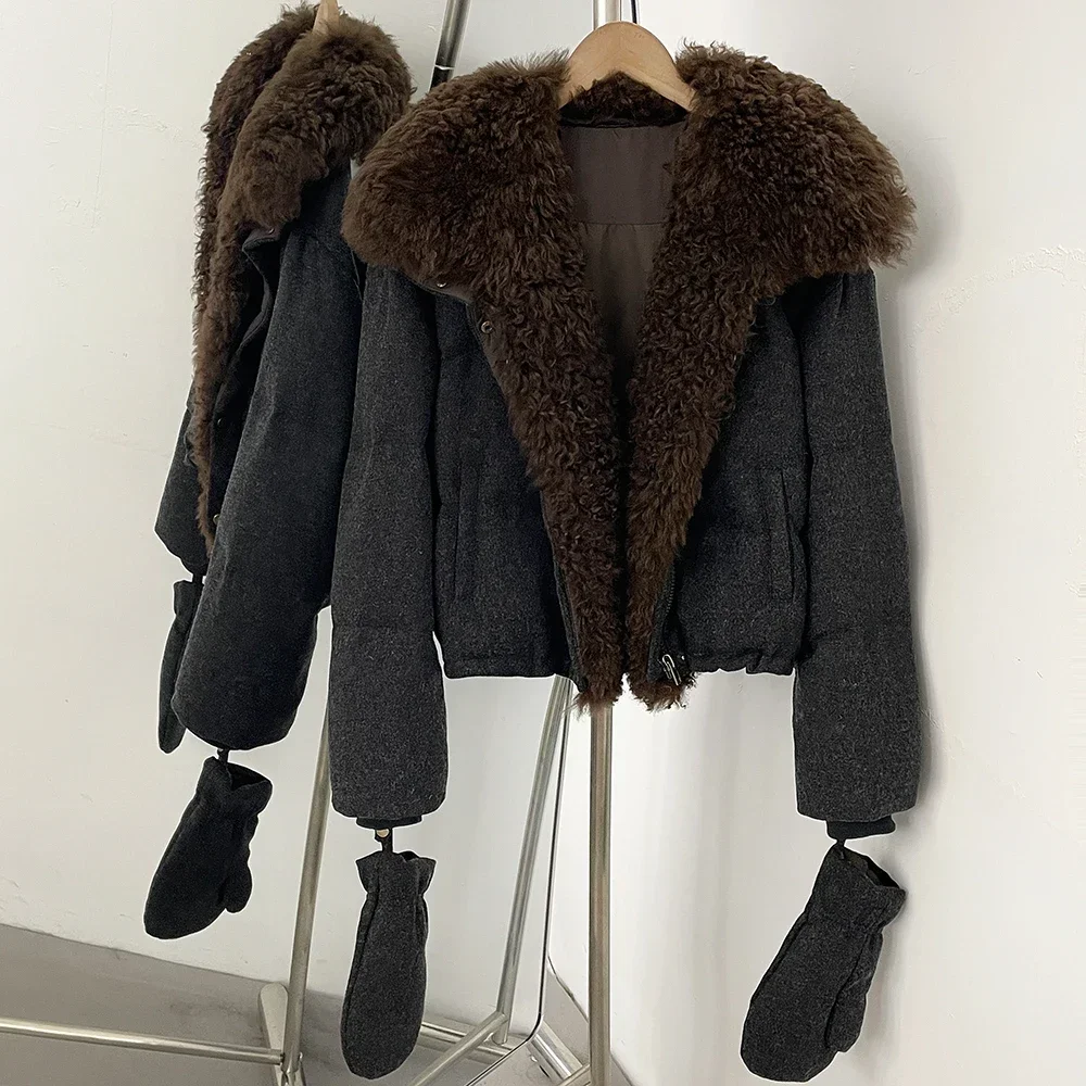 OFTBUY Winter Warmer Kurzer Puffer-Mantel mit Passenden Handschuhen, Wollmischung Daunenjacke mit Echtem Lammfell für Damen – Detail 9