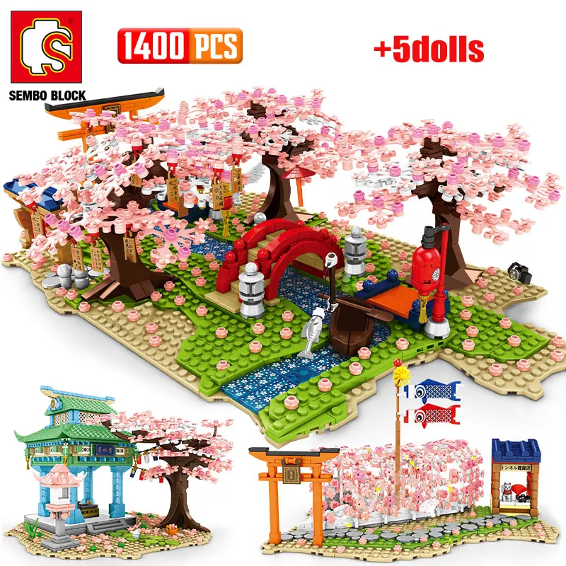 City Street View Sakura Inari hrine Building Blocks Friends Cherry bloom House Tree Construct Brick Toys for Children