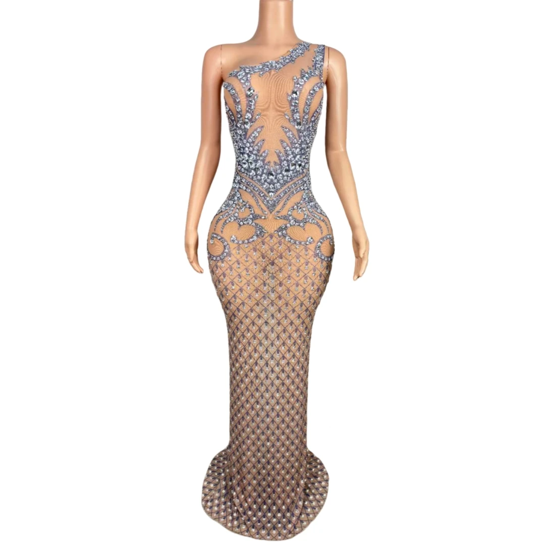 

Flash Shinning Sleeveless Rhinestone Crystals Long Dress For Women Mesh Sheer See Thru Show Singer Stage Wear Mardi Gras Bling