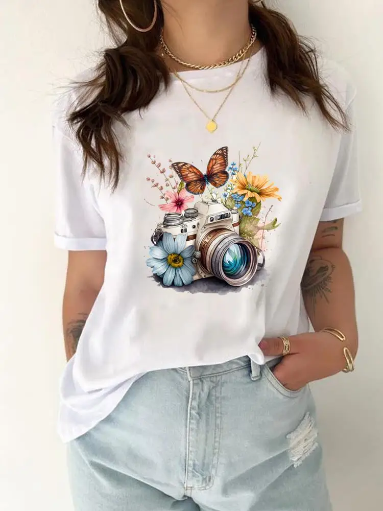 Butterfly Flower Camera Trend Print T-shirt Top Women Fashion Casual Clothing Female Graphic T Shirt Short Sleeve Tee