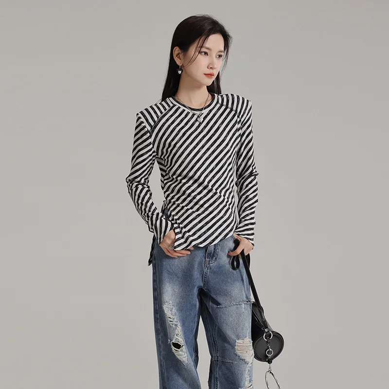 Niche Design Striped T-shirts Women Pullover Slim Fit 2024 Irregular Round Neck Elastic Chic Tops Long Sleeves Tees Tshirts Blue