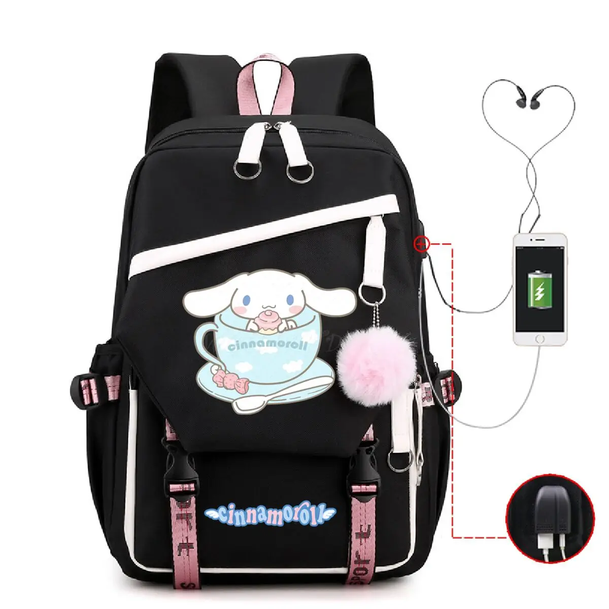 

Cute Cartoon Cinnamoroll Backpack Children Teeneger Schoolbags Women Girls USB Charging Bag Large Capacity Laptop Travel Bags