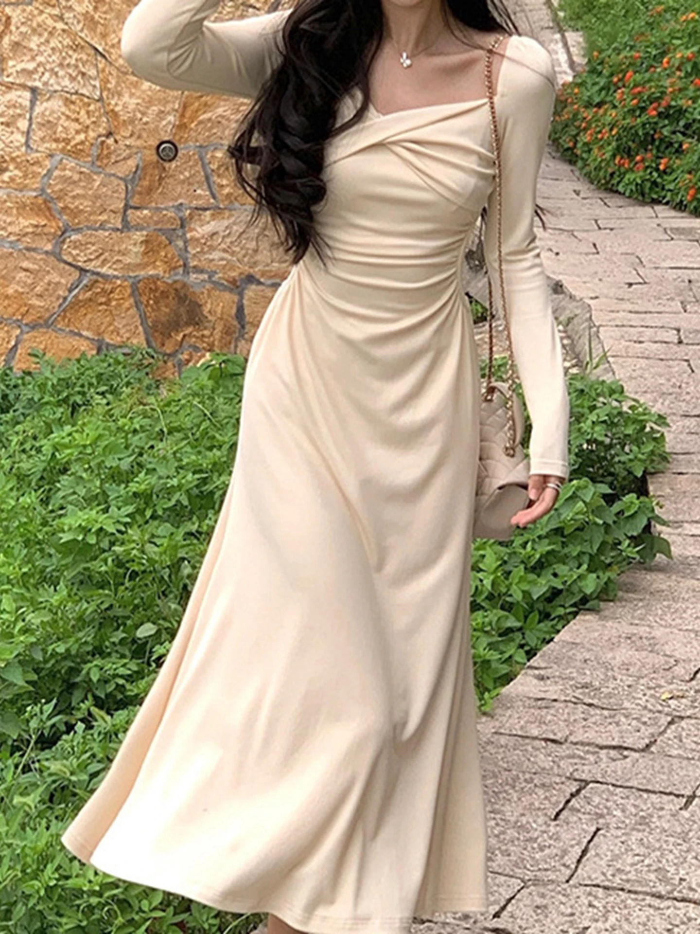 

Сексуальное V-Ne трикотажное длинное све миди Dr для похудения с узлом на талии, роскошное повседневное волокно из полиэстера, микроэластичное трапециевидное платье