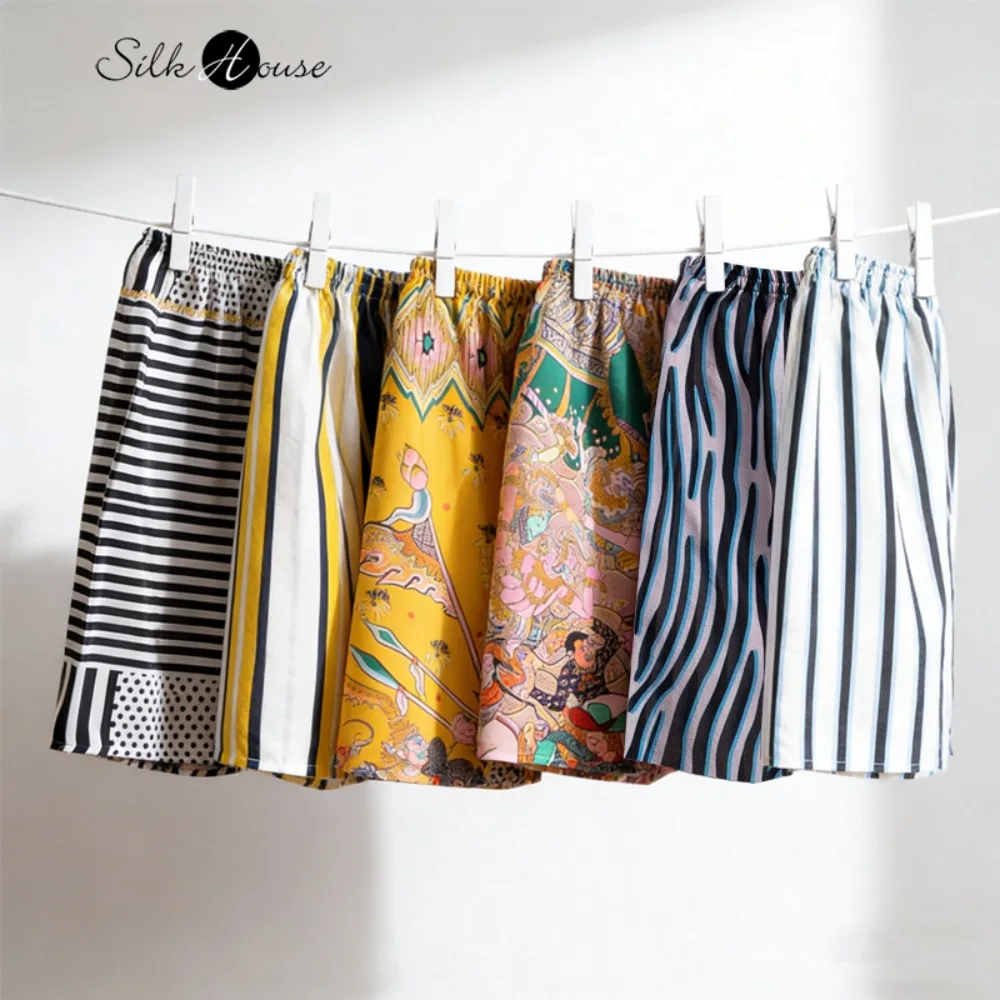 Women's Casual Summer New 100% Natural Mulberry Silk Crepe De Chine Versatile Vacation Style Home Printing Beach Pants