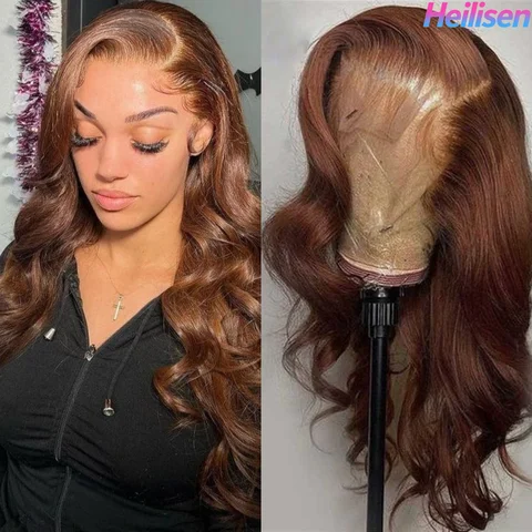 densidad transparente de 36 pulgadas 220% de la peluca frontal del cordón de la onda 13x6 HD del cuerpo # 4 pelucas brasileñas reales del cabello humano del marrón chocolate para las mujeres