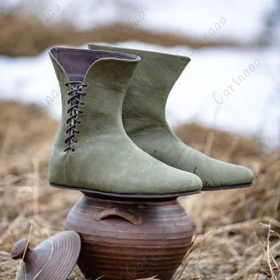 Middeleeuwse Pu Lederen Renaissance Enkellaarsjes Gothic Officer Mannen Schoenen Viking Piraat Laarzen Cosplay Kostuum Vrouwen Steampunk Fancy