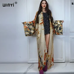 WINYI boho print Kimonos long dresses for woman Cardigans beach outfits kaftan beach cover up evening dress maxi long down coat