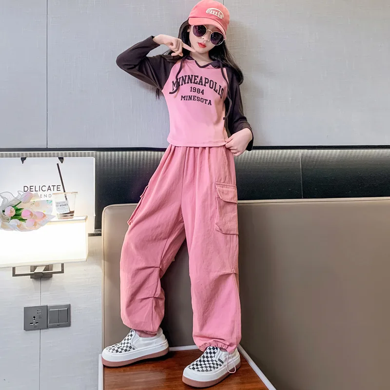 

Children clothes Sets Autumn 2023 Printed Long Sleeve T-shirt+Cargo Pants 2pcs Teenage Girls Clothing outfits Casual Sportswear