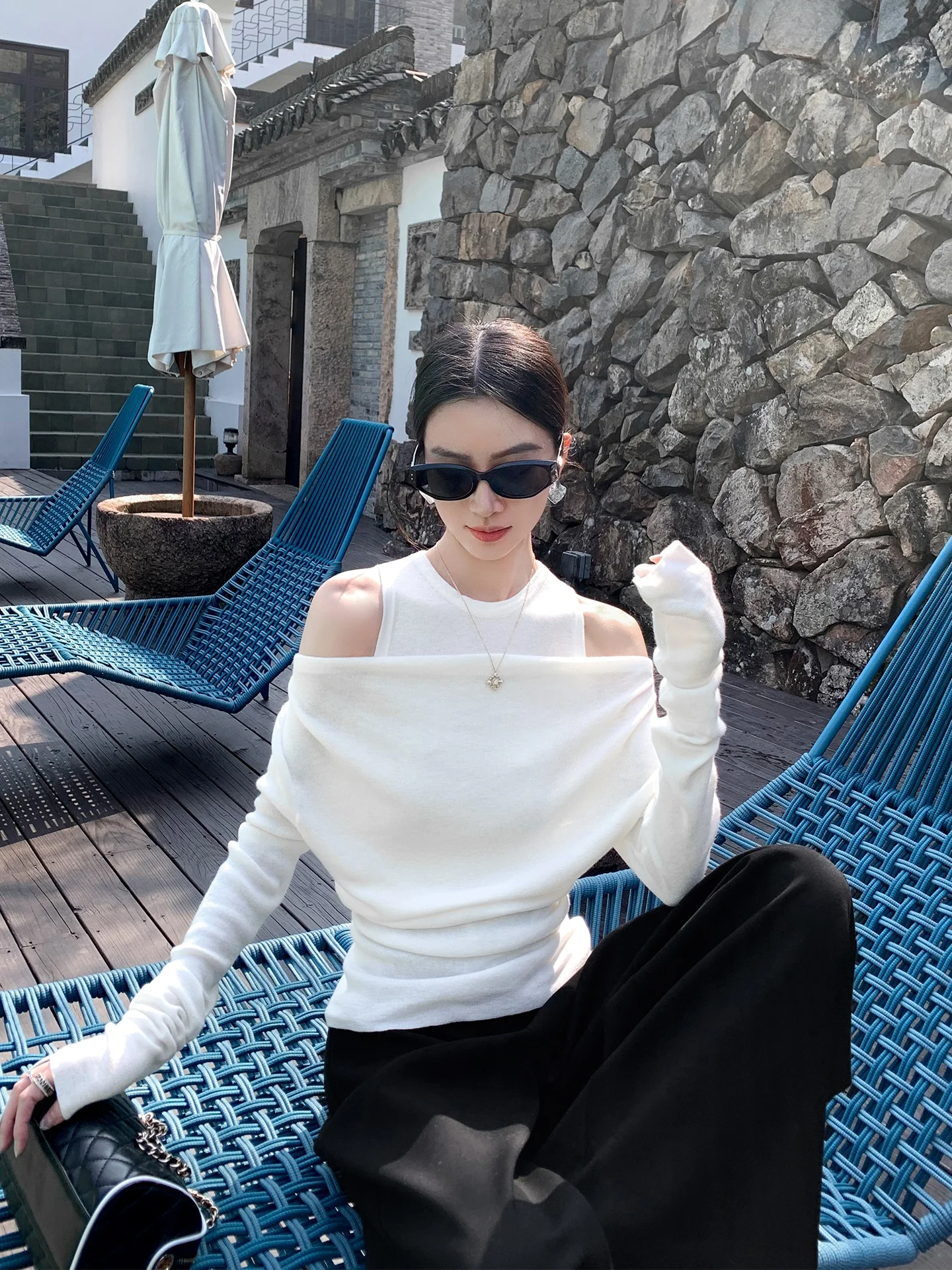

Bingo Design Knitted oulder Bared Two Piece Illusion Women's Top Casual Sle Knitted Long Sve High Quali Spring New