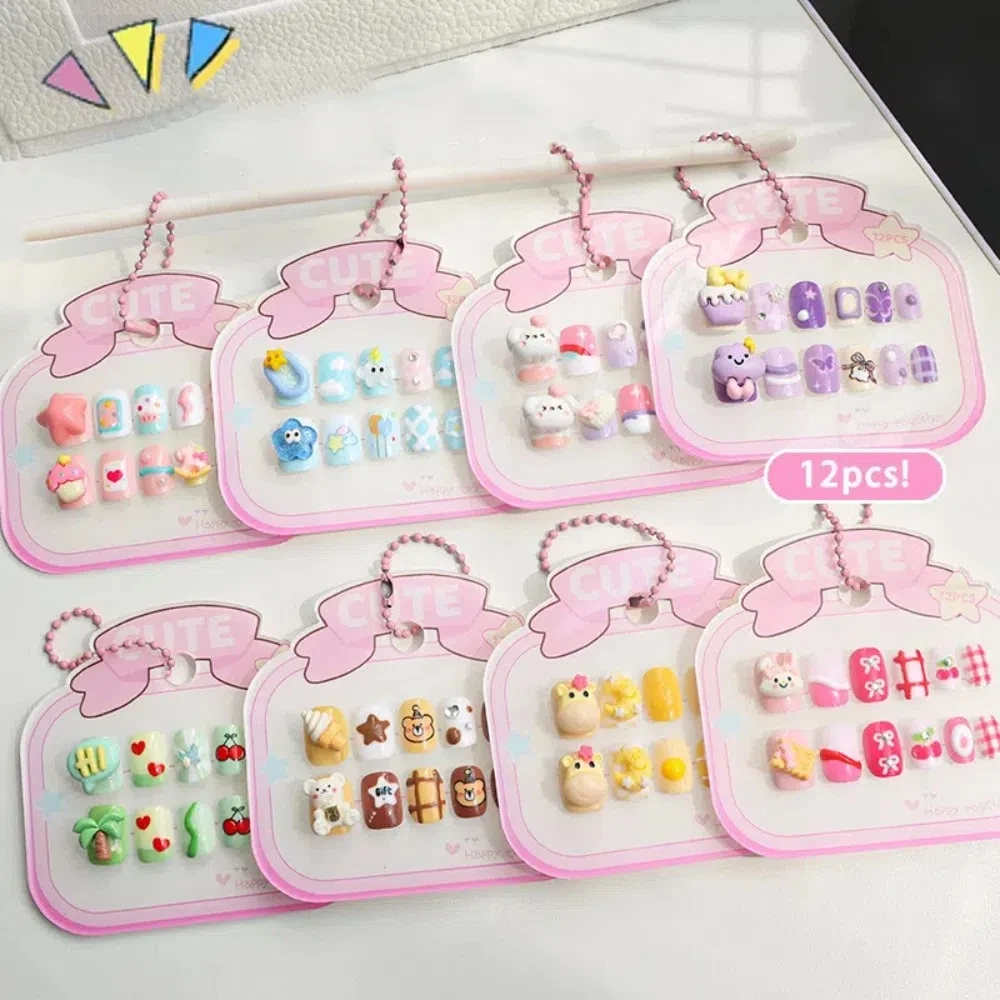 

3D Animal Kids Cartoon Fake Nails Flower Bowknot Short Square Shaped Children False Nails Candy Color Manicure Material