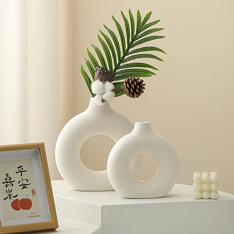 Pure White Plastic Vase Imitation Ceramic Decorative Dried Flower Planter Sweet Donut Flowerpot Home Living Room Table Decor