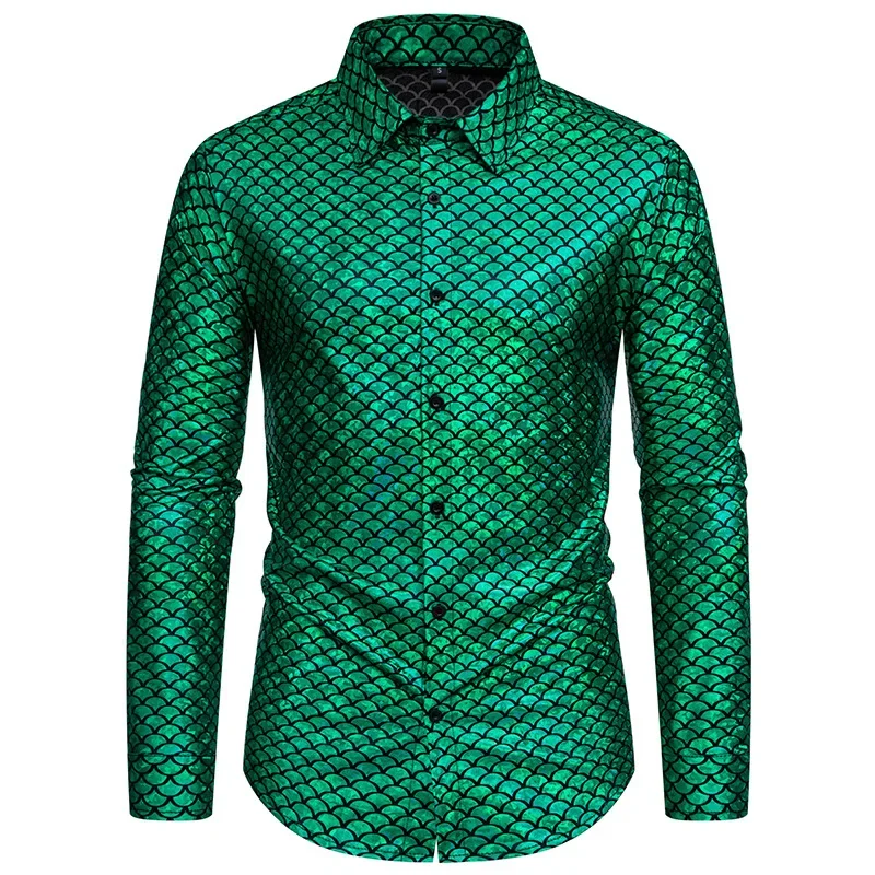 

Green Fish Scales Pattern Metallic Glitter Shirt Men 2024 Brand Slim Long Sleeve Dress Shirts Men 70s Disco Nightclub Clothing