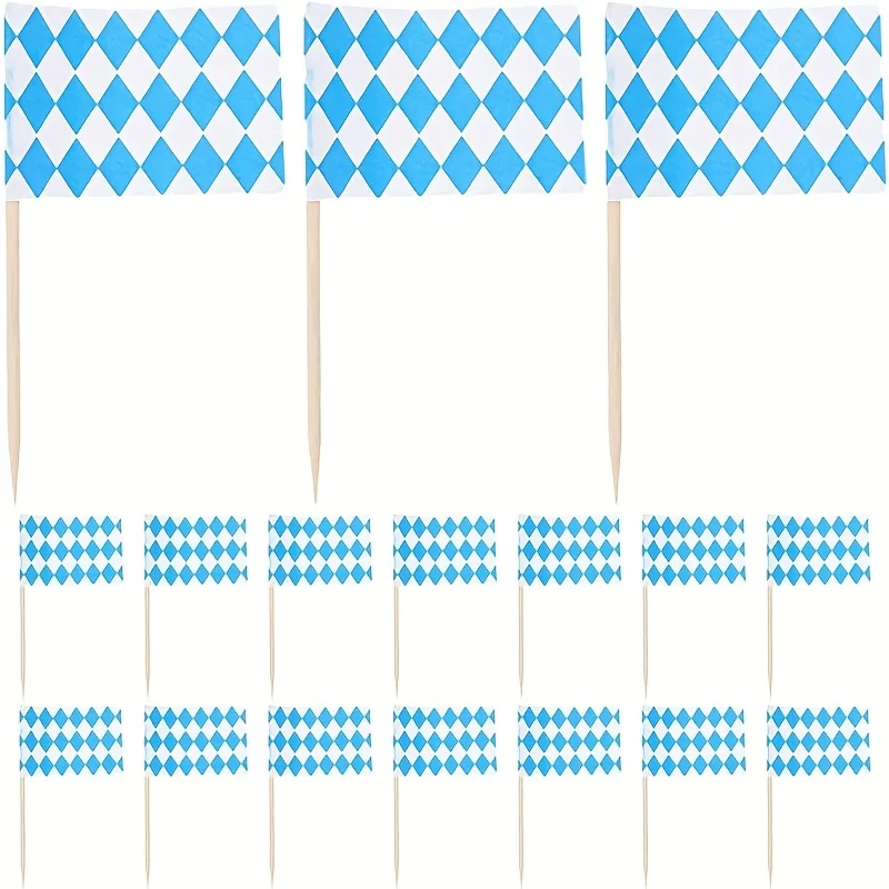 100 Stück blau-weiß karierte Zahnstocher-Flaggen – bayerische Oktoberfest-Cupcake-Topper, seitliche Party-Picks für Bier-Festival-Dekoration