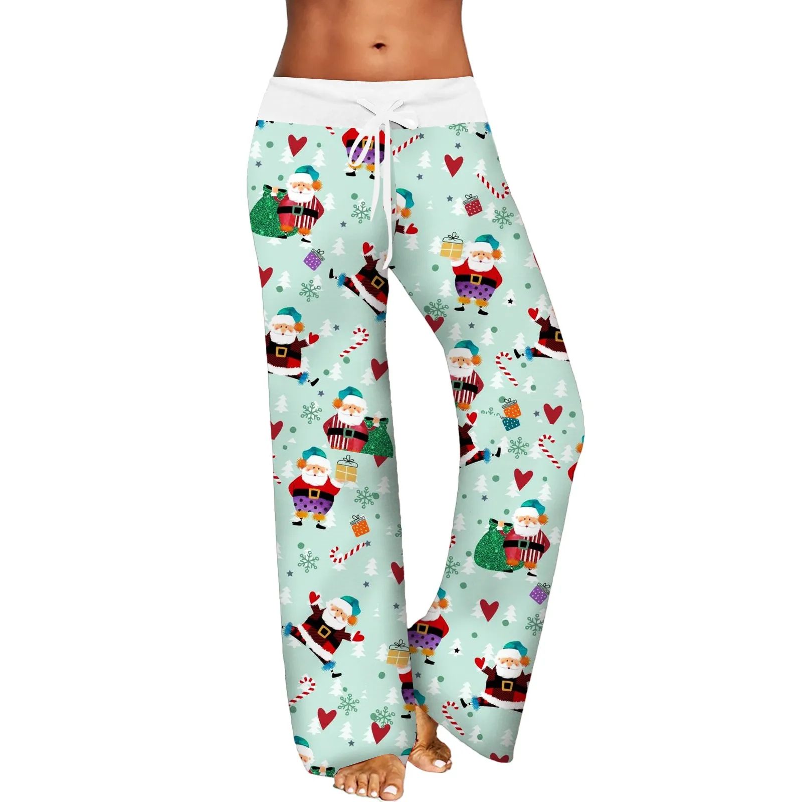 Women Christmas Pyjama Pants Drawstring Elk Xmas Sleepwear Snowflake Reindeer Print New Years Pajama Pants