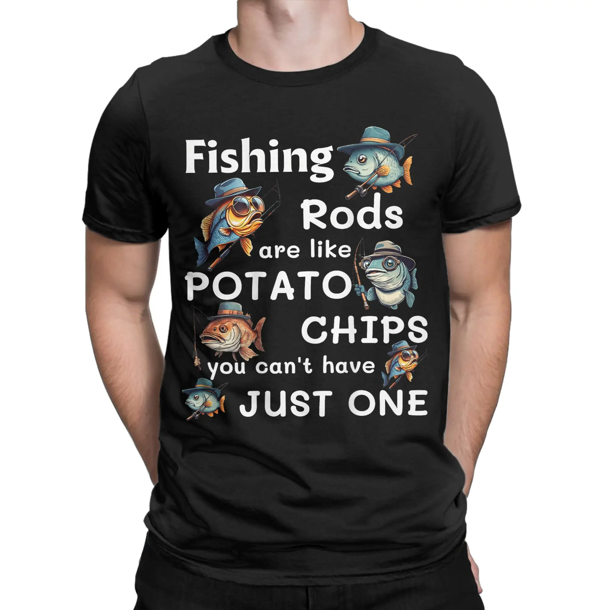 Men's Fishing Rods Are Like Potato Chips T Shirts  Cotton Tops Humorous Short Sleeve Round Collar Tee Shirt Printed T-Shirt