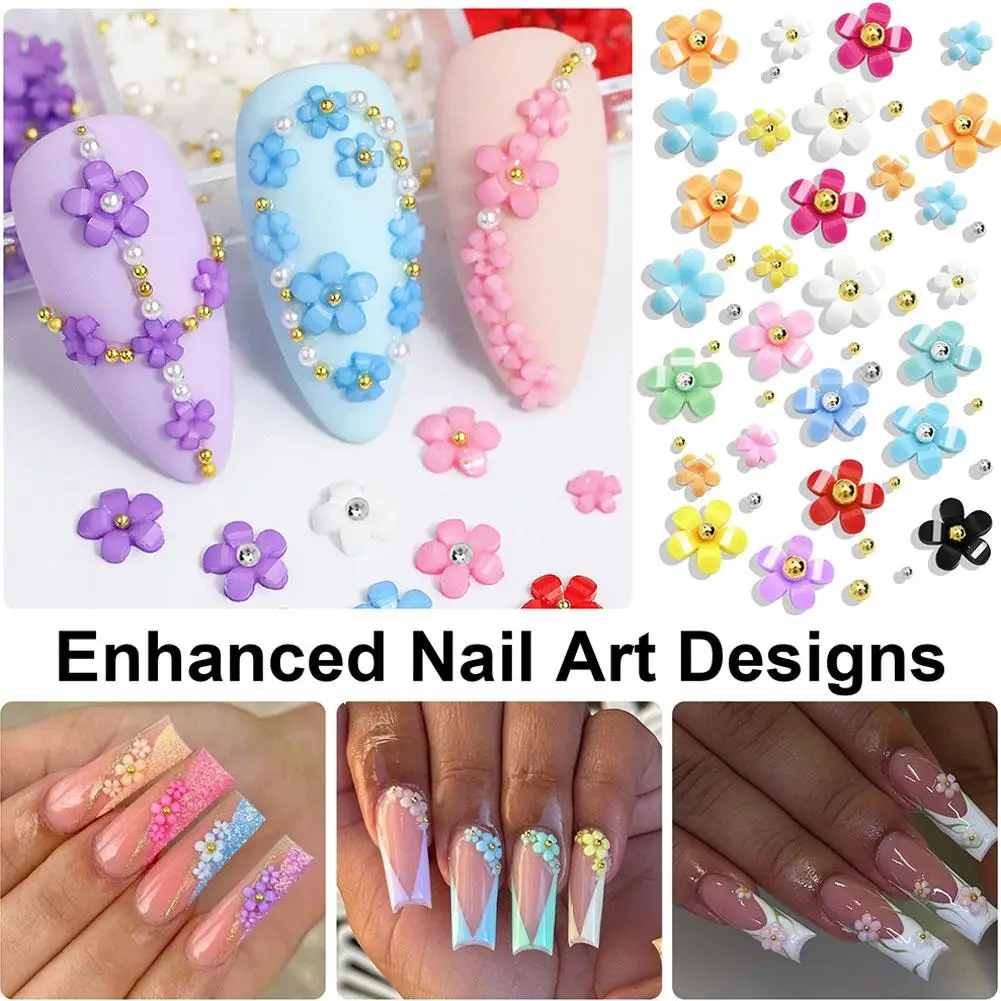 3D Flower Nail Art Decorations Colorful 5-Petal Flowers Supplies Slots 6/12/24 Size DIY In Mixed Nail Professional Case, T7Z5