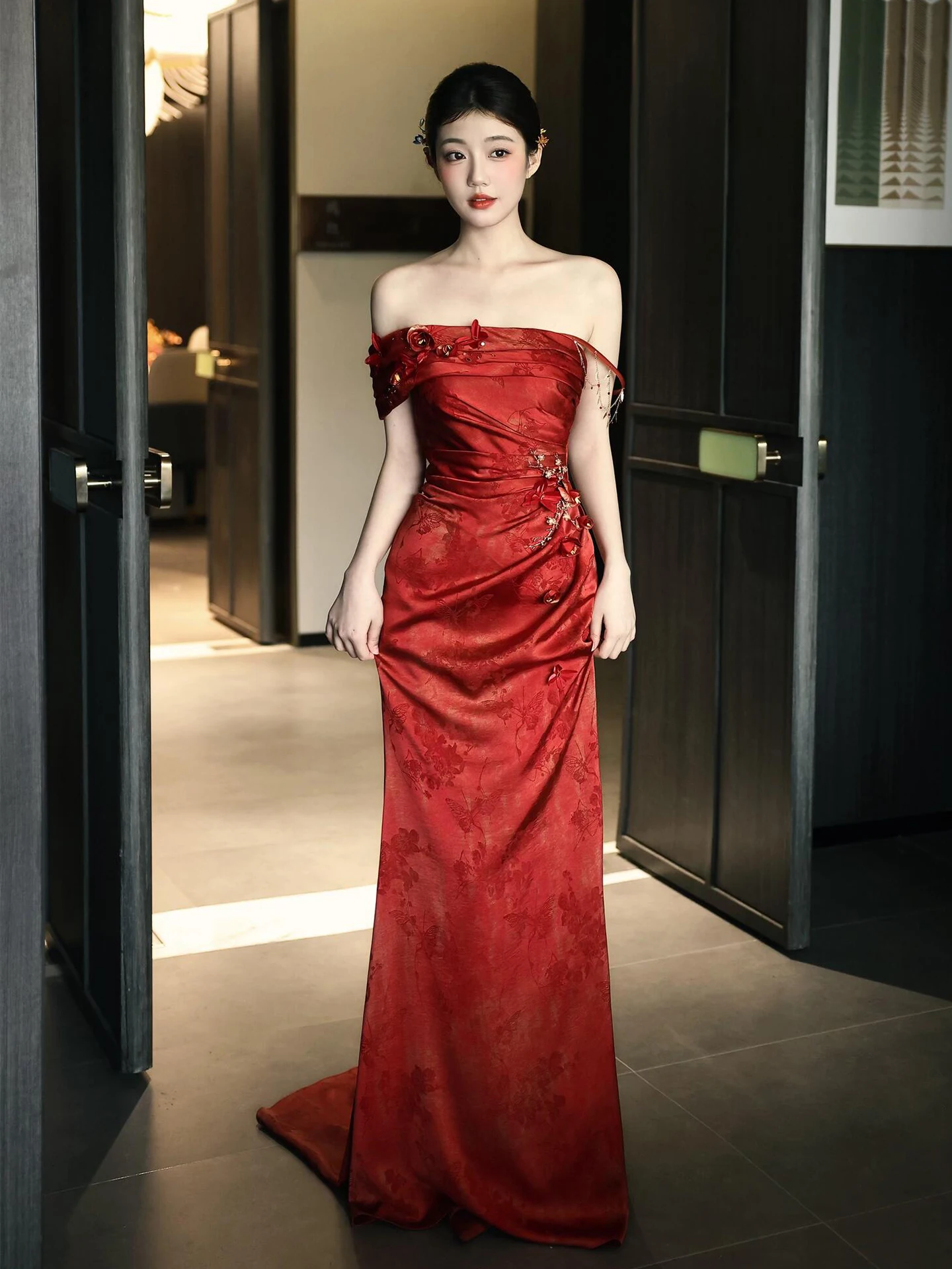 

Ele New Chinese Sle Morning Robe Women's Engagement Wedding Dr Long Qipao Bride-to-be Ceremony Drinking Costume