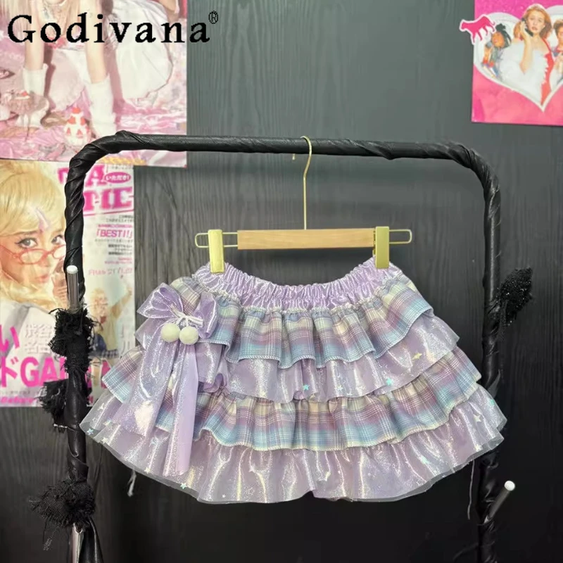 Minigonne alla moda a vita alta Y2k per ragazze Gonna Lolita estiva con volant giapponese Gonna da torta con fiocco con stampa dolce e carina da donna