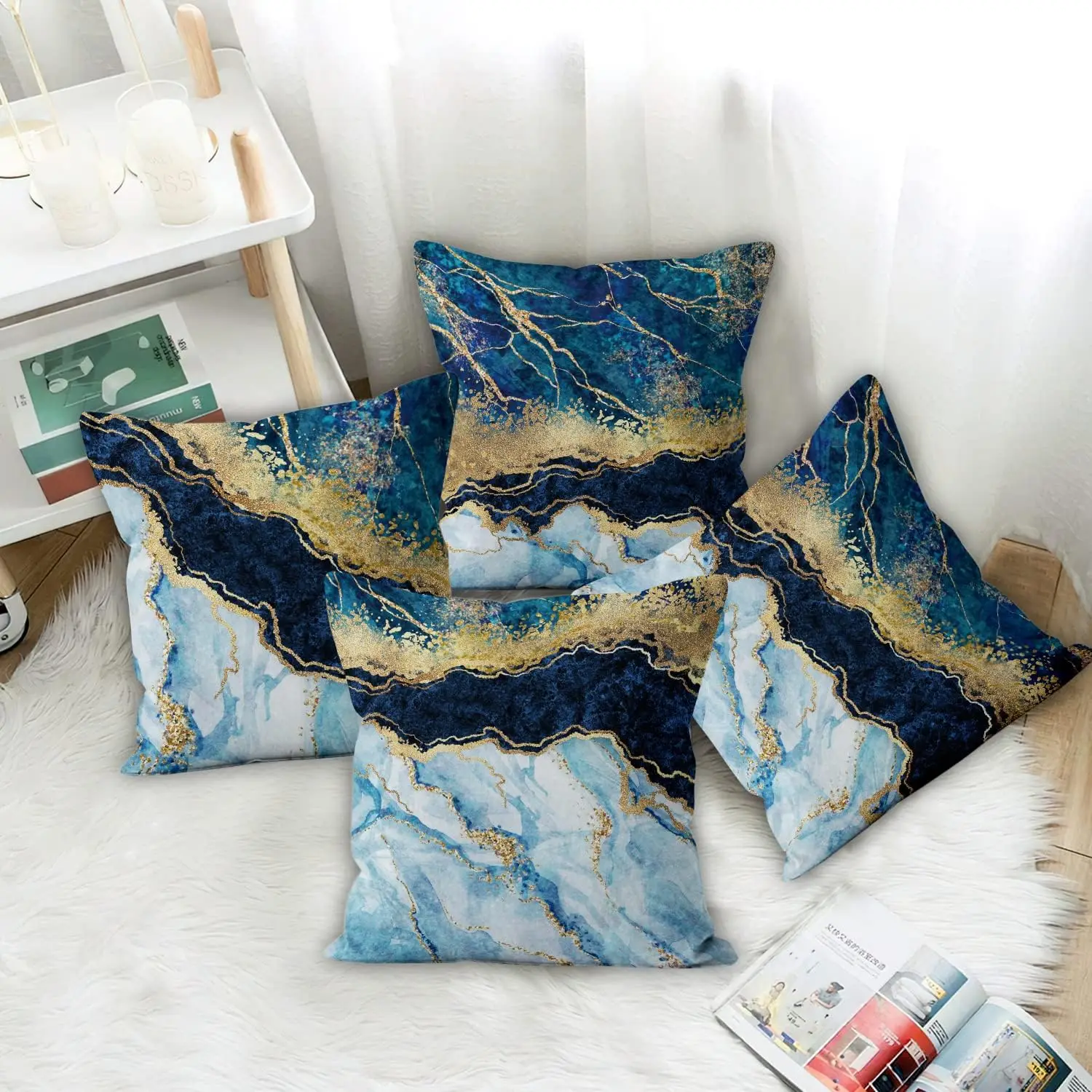 

4pcs Blue Gold Marble Texture Printed Pillow Cover Polyester Cushion Case 2D Flat Printing Luxury Home Decor Pillowcase Now