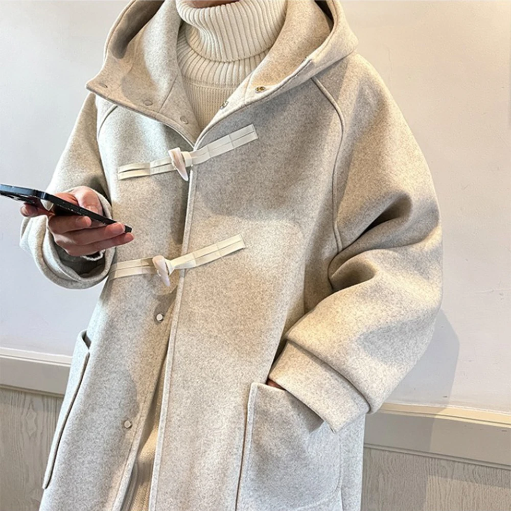 Y2K Mens Jackets Hooded Cow Horn Buttoned Woolen Unisex Outfit Winter Casual Korean Trend Solid Color Trench Coat Men\'s Clothing