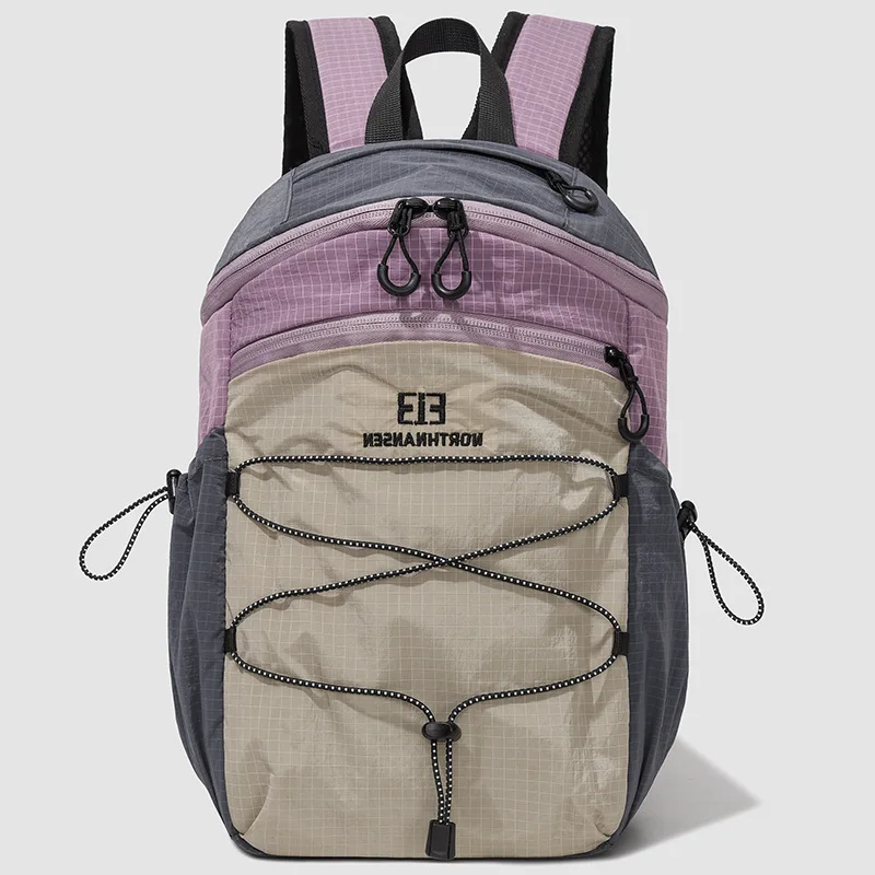 Men's Women's Color Block Grid Backpack Outdoor Travel Rucksack With Bungee Cord Detail For Hiking