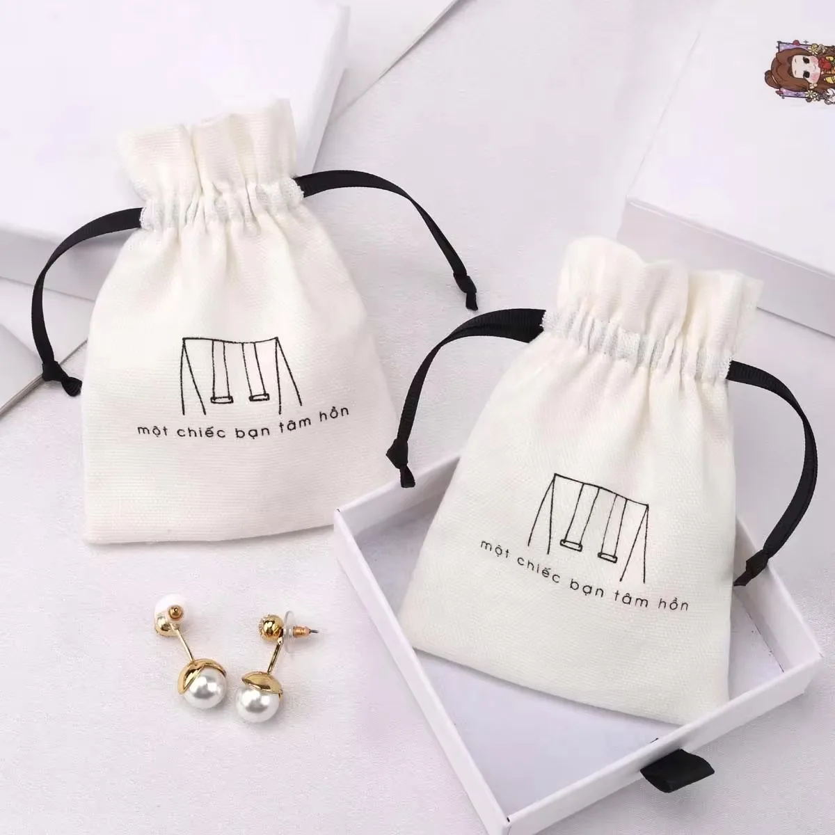 Custom Logo Printed Canvas Cotton Dust Bag For Jewelry ring Drawstring Bracelet Packaging Jewelry Pouch