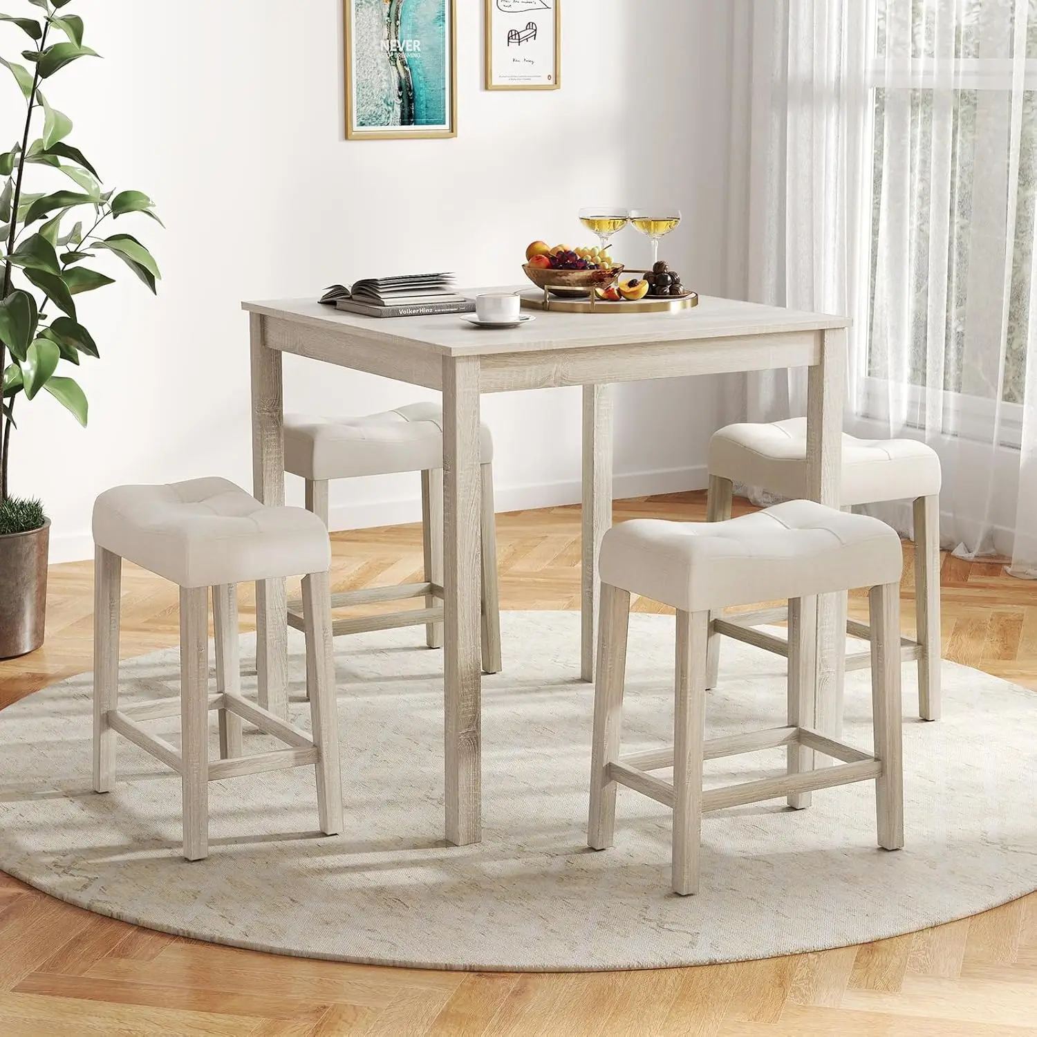 Costway 5-Piece Bar Table Set, Square Breakfast Set For 4 W/Padded Stools, Small Kitchen Table Set W/Rubber Wood Legs,