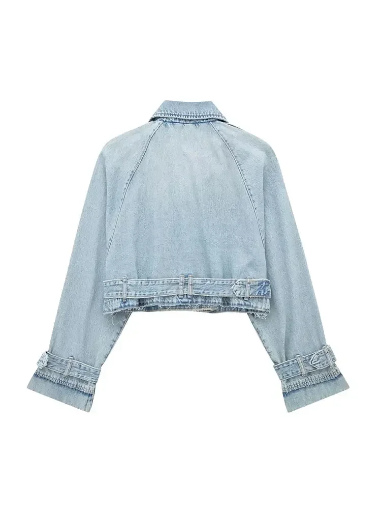Spring Lapel Notched Collar Washing Blue Denim Jacket Vintage Women Hem Buckle Belt Draped Jean Coat Cool Outerwear 3 Color