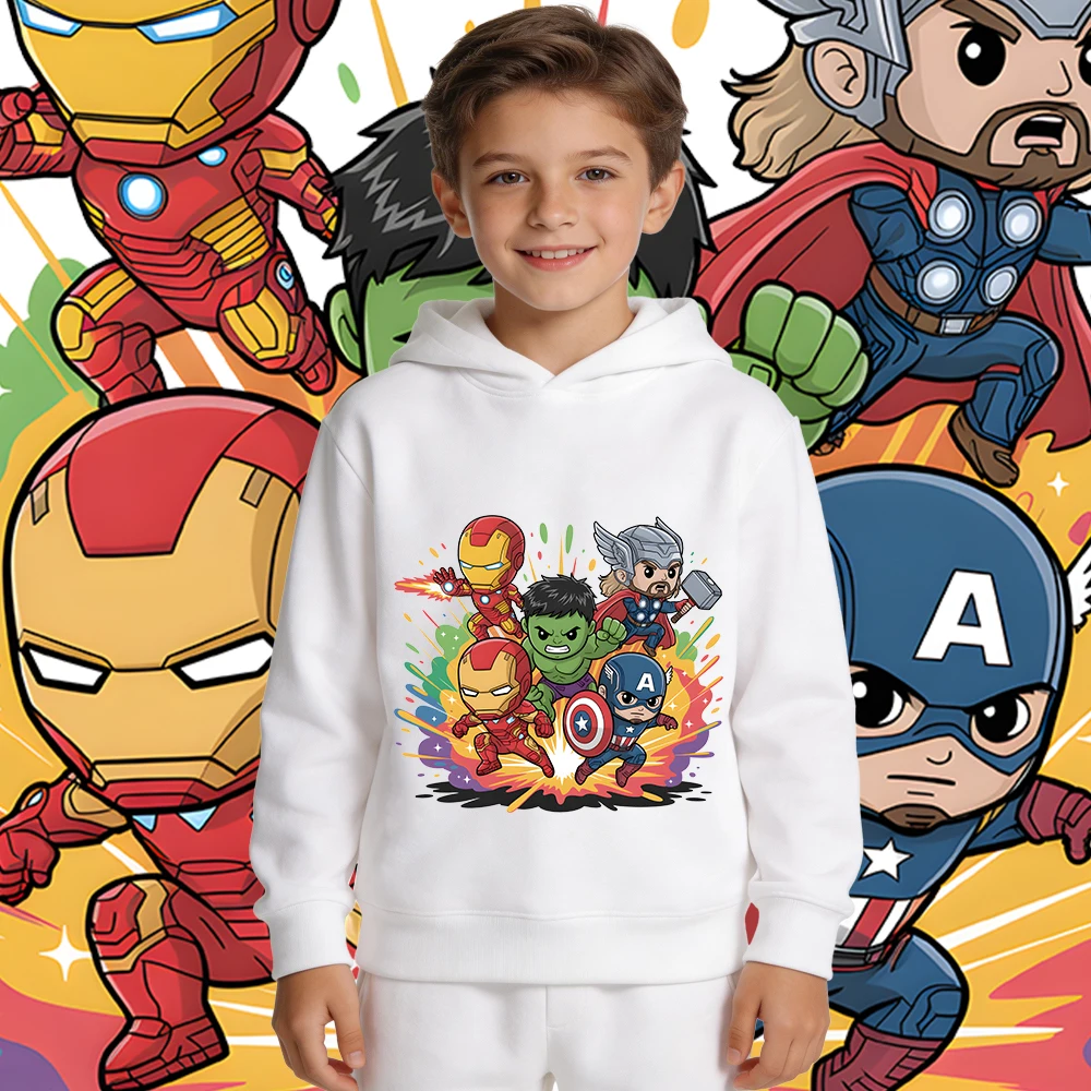 

Флисовая толстовка с капюшоном и принтом Chibi Avengers Assemble для мальчиков и девочек, теплый пуловер, детская повседневная осенне-зимняя одежда