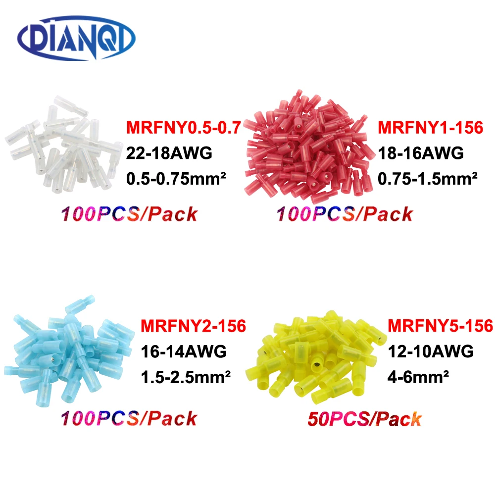 MRFNY0.5-0.75 Nylon brass Bullet Shaped Male Joint Wire Connector Electrical Crimp Terminal 100PCS AWG22-18 0.5-0.75mm2