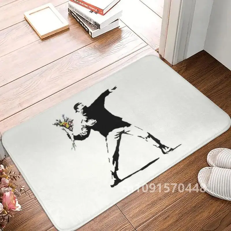 Banksy Rage Flower Bomber Doormat Anti-Slip Kitchen Bath Mat Garden Floor Door Entrance Carpet Rug Toilet Living Room Footpad