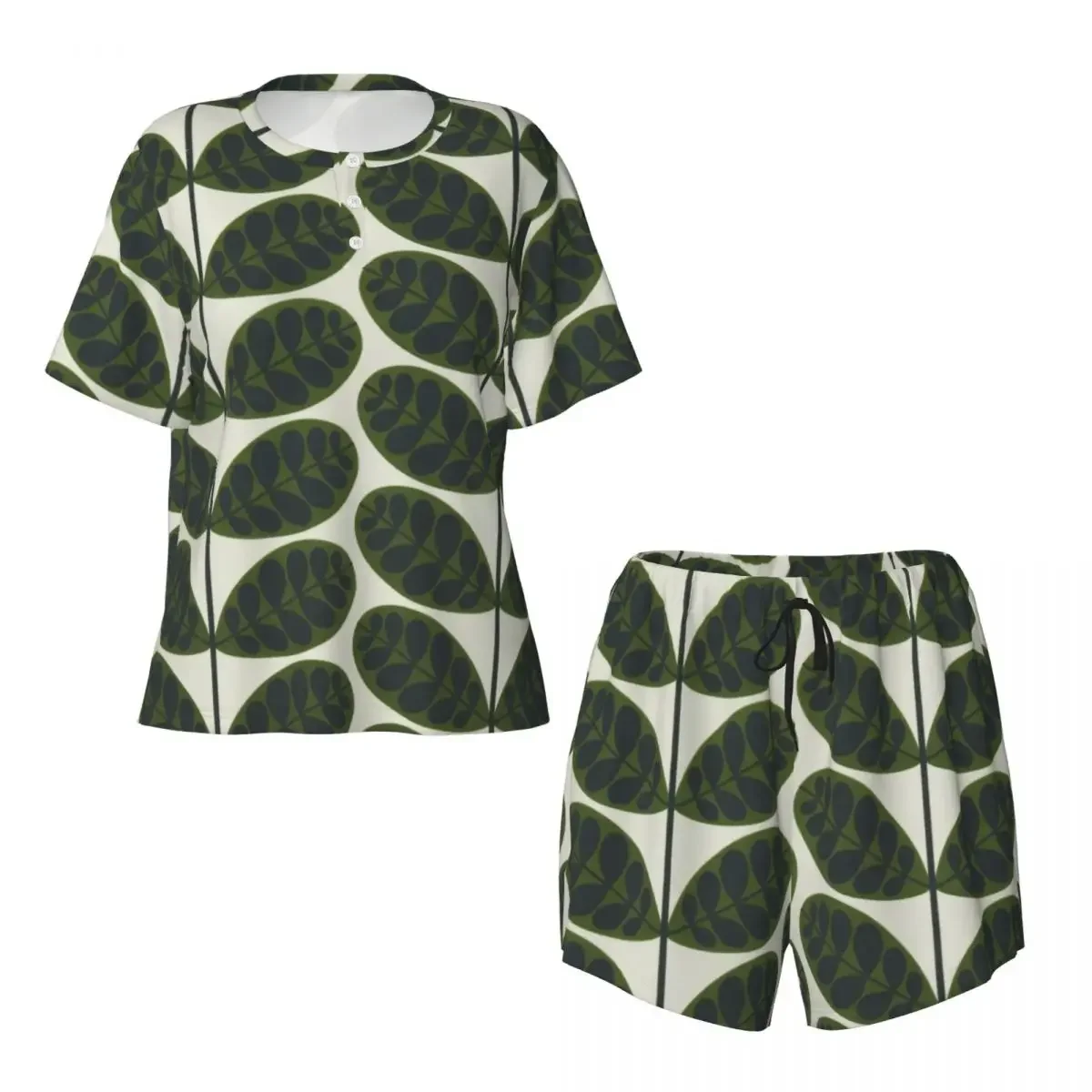 

Orla Kiely Botanica Green Round Neck Short Sleeve Nightgowns for Sleeping Sleepshirts Women Soft Pajama Set Short Pants