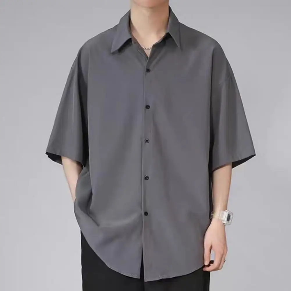 Men Solid Color Shirt Men's Casual Loose Fit Ice Silk Shirt with Turn-down Collar Half Sleeves Stylish Button-up Top for School