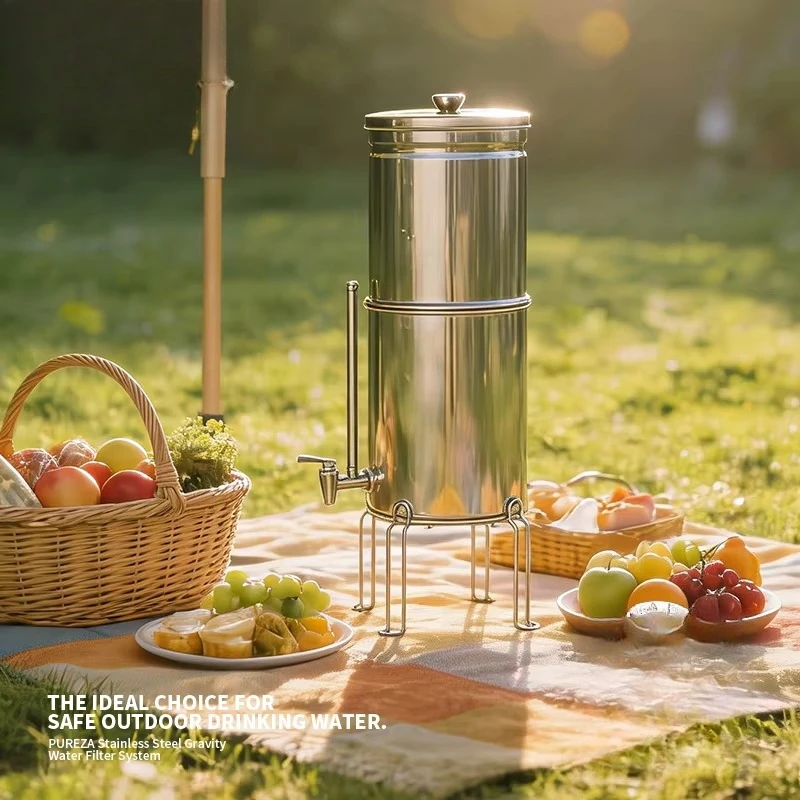 Outdoor stainless steel travel gravity water purification filtration system with carbon filter and fluoride filter OEM