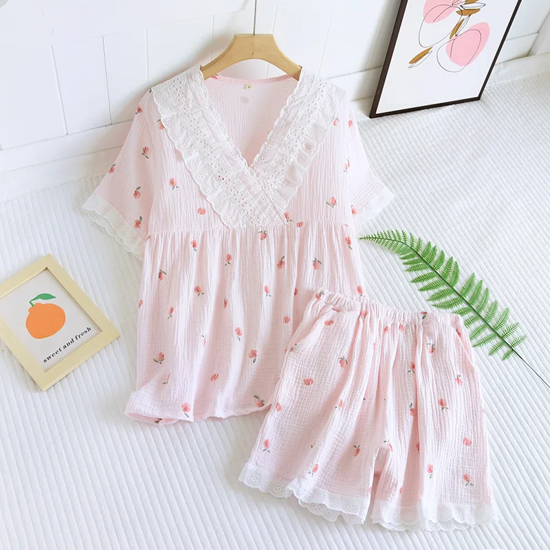 Japanese summer new women\'s pajamas short-sleeved shorts two-piece set 100% cotton crepe V-neck large size homewear suit women