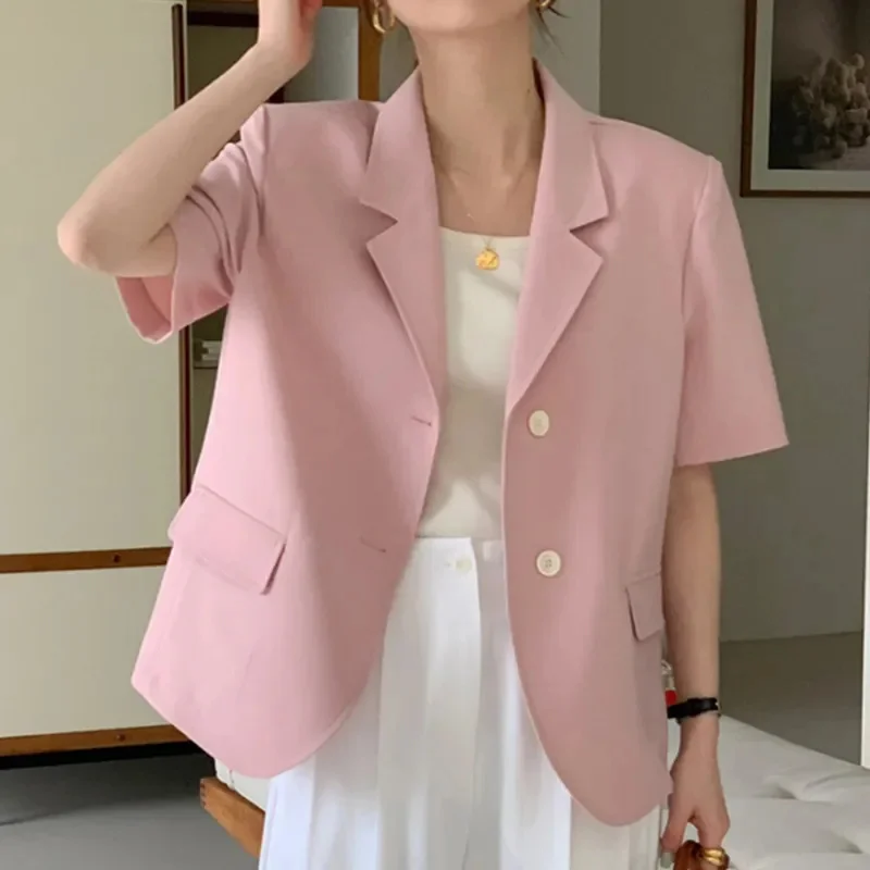 

2024 Summer New Suit Jacket Women Sweet Temperament Lapel Outerwear Loose Outcoat Casual Joker Short-Sleeved Blazer Coat Female