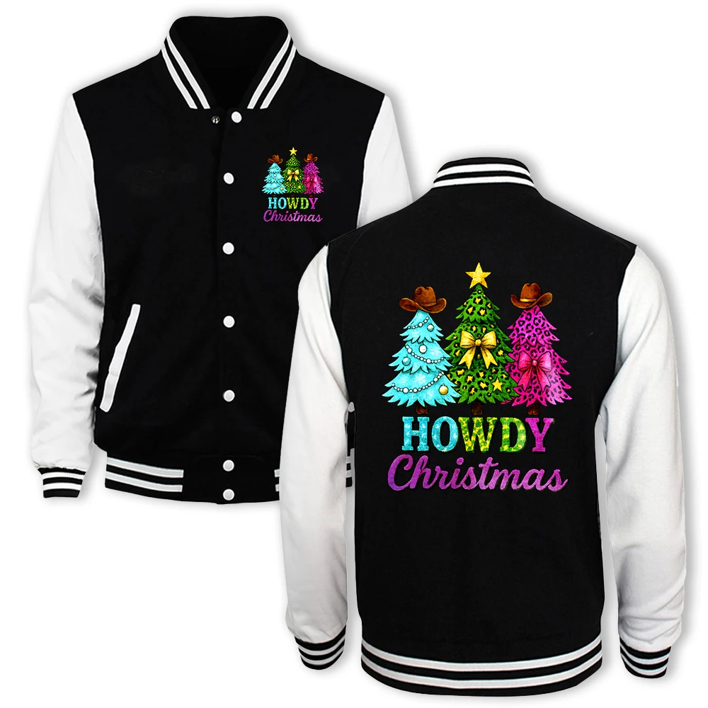 

Howdy Christmas Party Print Baseball Jersey Male Trendy Fashion Button Top Vintage Loose Jacket Unisex Fleece Soft Clothes