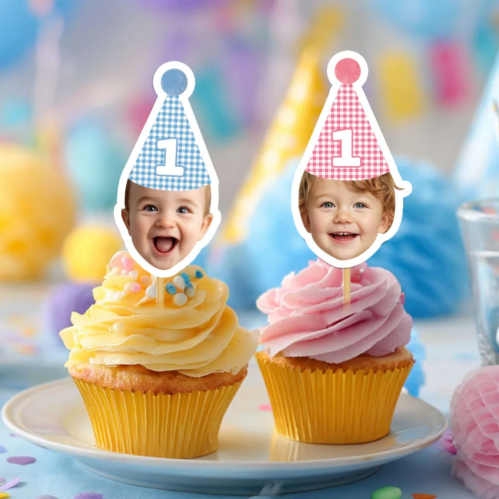 6/12/24 Stück individuelles Gesicht Geburtstagstorte Topper mehrfarbig kariert Geburtstag Hut Kuchen Dekor perfekt für ersten Geburtstag Partyzubehör