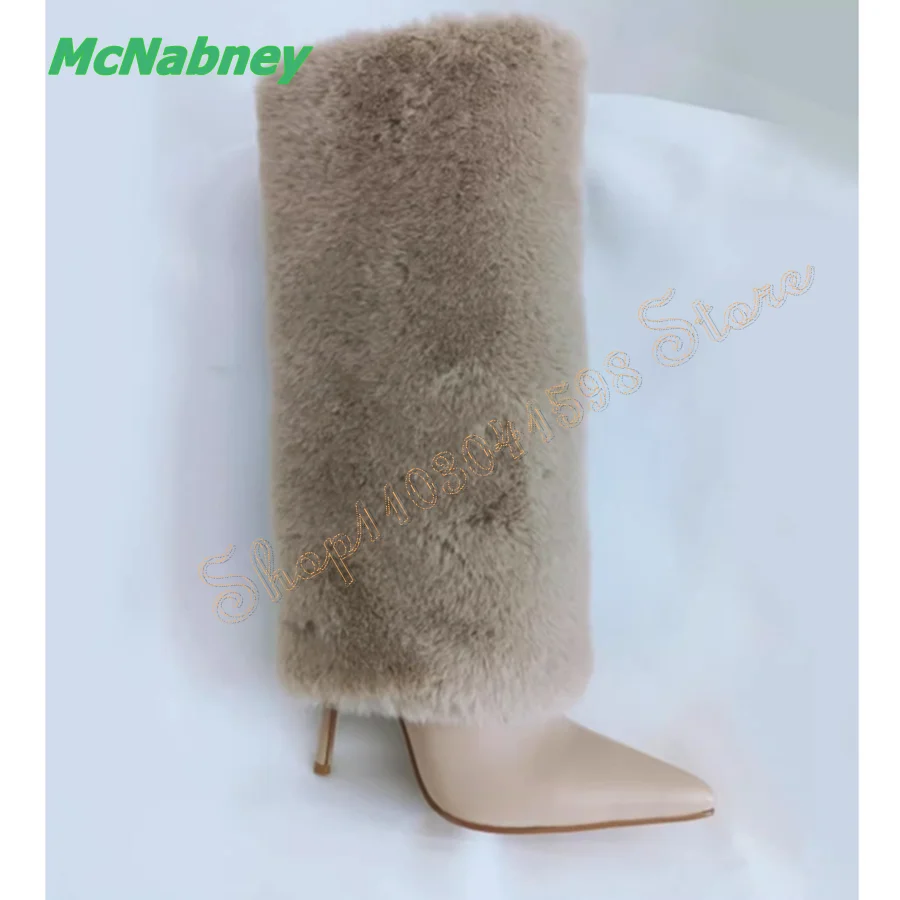 

Winter Furry High Heel Snow Boots,Pointed Toe Leather Stiletto Knee High Boots Fashion Women Boots 2023 New Zapatos Para Mujere